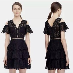 Rebecca Taylor Black Lace Cold Shoulder Dress Size 12 Silk Cotton Tiered